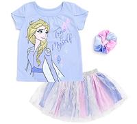 Disney Princess Moana Frozen Girls' T-Shirt Tulle Mesh Skirt and Hair Scrunchie 3-Piece Outfit Set Toddler to Large Children, Elsa, 10-12