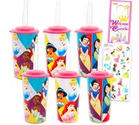 Disney Princess Reusable Tumbler Cup 6 Pack - Party Favor Bundle with 16 Oz Cups Featuring Ariel, Belle, Cinderella Plus Stickers, More | Bulk Disney Princess Water Tumblers