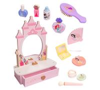 Disney Princess Tabletop Vanity 12 Piece, Wooden Pretend Play Makeup Set With Mirror, Drawer And Accessories
