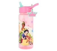 Disney Princess Water Bottle with Straw, Pink, 500ml, Polypropylene, Features Snow White, Cinderella, Tiana and Rapunzel, Includes Crown Keyring Charm