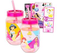 Disney Princess Water Cups for Kids - Bundle with 2 Disney Princess Cups with Lid and Straw for Home Plus Tattoos, Stickers, More | Disney Princess Mason Jar Cup for Girls