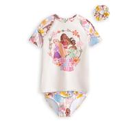 Disney Rapunzel Moana Tiana Girls Multi 3 Piece Swim Set | Short Sleeve Zip-Up Rash Guard with Hair Scrunchie | Princess Graphic Beachwear | Holiday Beach Outfit Merch - 7-8 Years