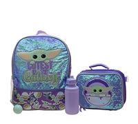 Disney’s Mandalorian Baby Yoda Girls 4 Pc Backpack set, Flip Sequin School Bag Front Zip Pocket, Mesh Side Pockets, Insulated Lunch Bag, Water Bottle, and Squish Ball Dangle, Purple