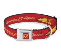 Disney Seatbelt Buckle Dog Collar | Cars Lightning McQueen Text with Bolt Flames Red Yellows Durable Metal Adjustable ID Tag Ring