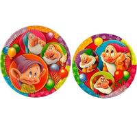 Disney Set of 16 paper plates, 8 large (23 cm) + 8 small plates (20 cm) with Snow White and the Seven Dwarfs theme.