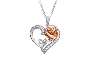 Disney Silver And Rose Plated Rose Heart Necklace - F6741