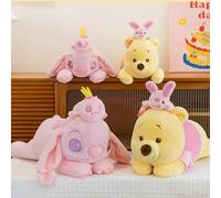 Disney Stitch And Winnie The Pooh Lying Down Plush Doll Pastel Pink Cherry Blossom Theme Cute Plushies For Birthday Present Toy Yellow