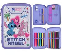 Disney Stitch & Angel Double Compartment Pencil Case Filled with Stationery for Kids | School Supplies Colouring Pencils, Markers | Spacious 2-Zip Design | Durable & Lightweight Gift for Kids