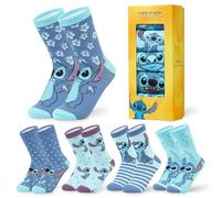 Disney Stitch Calf Length Socks for Women & Teens UK Size 2.5-7.5, Pack of 5 Soft Stretchy Work Casual Socks, Gifts for Women (2.5/7.5 UK, Blue Stitch)