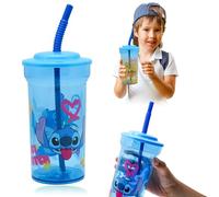 Disney Stitch Children Drinking Cup Straw - 460ml BPA Free Plastic Tumbler with Straw and Lid, Reusable Cold Beverages Tumbler for Kids 4+ Years