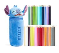 Disney Stitch Coloured Pencils with Pencil Case 48 Pcs Vibrant Colouring Set for Drawing Sketching School Travel Art Supplies Baby Yoda Stitch Gifts (Blue Stitch)