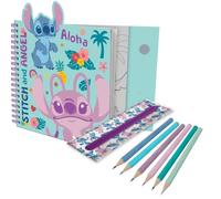 Disney Stitch Colouring Set with Spiral Notebook, Removable Pencil Case, 6 Coloured Pencils, Stickers & Colouring Pages, Kids Stationery Travel Activity Gift - 24cm