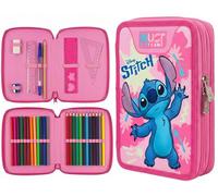 Disney Stitch Double Compartment Pink Pencil Case Filled with Stationery for Kids | School Supplies Colouring Pencils, Markers | Spacious 2-Zip Design | Durable & Lightweight Gift for Girls
