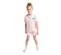 Disney Stitch Girls Short Pyjamas, PJs 2 Piece Set - 100 Percent Cotton Button Through Short Sleeve Shirt Top and Matching Shorts Pale Pink Elasticated Waist
