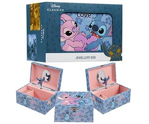 Disney Stitch Jewellery Box Musical Wind Up Spinning Figure Frozen Memory Box Keepsake Girls Teens Ring Slots Organiser Bedroom Decor, Gifts for Girls (Blue Stitch)