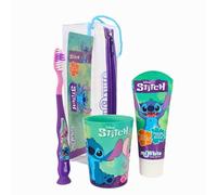 Disney Stitch Kids Toothbrush Set | BPA-Free & Non-Toxic | Soft Bristles Toothbrush with Protection Cap, Suction Cup, Mint Flavour Toothpaste, Multi-Purpose Cup, Toiletry Bag for Children Aged 3-12