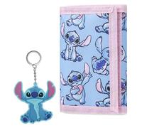 Disney Stitch Kids Wallet and Keyring Gift Set Cute Trifold Wallet with Coin Purse Card Slots and Keychain Stitch Gifts (Blue Stitch)