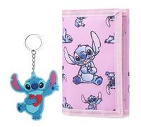 Disney Stitch Kids Wallet and Keyring Gift Set Cute Trifold Wallet with Coin Purse Card Slots and Keychain Stitch Gifts (Pink Stitch)