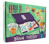 Disney Stitch Lilo | Blow Pens | 12 Pens And 16 Stencils | Airbrush Art Set | Mess-free desktop box with airbrush spray pens and reusable stencils of Stitch and Lilo, colour combinations shown, 4+