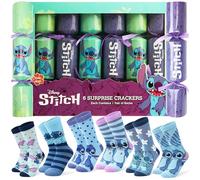 Disney Stitch Luxury Pop Christmas Crackers with Socks for Women, 6 Pack | 6 Pairs of Cotton Blend Socks, UK Size 3-7, Party Hats, Jokes & Pop Snaps, Novelty Xmas Gifts