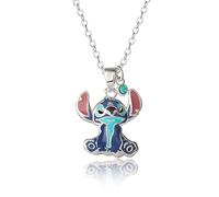 Disney Stitch Necklace for Women with Crystal Charm, 18" Silver Flash-Plated Sitting Stitch Pendant Necklace Official License, Brass, Crystal, Brass, Crystal