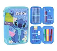 Disney Stitch Pencil Case for Girls Filled with School Supplies, Large Capacity Frozen Colouring Stationery Set for Kids Tweens, Gifts for Girls (Blue Stitch 2 Compartment)