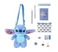 Disney Stitch Plush Bag, Includes Case, Pencil, Sharpener, Eraser, Notebook, Sticky Notes, Ruler, Paper Clips and Coloring Pencil, Gift Set of Stationery for Girls