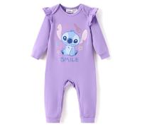 Disney Stitch Princess Cinderella Ariel Minnie Winnie Long Sleeve Ruched Romper Newborn to Toddler, Purple Embroidery, 6-9 Months
