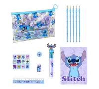 Disney Stitch Stationery Set, Includes 5 Coloured Pencils, Ruler Pen Coloured Stickers, Eraser Eraser, Pencil Sharpener, Notebook and Case, Gift Set of Stationery for Girls