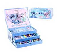Disney Stitch Stationery Set, Includes Coloured Pencils, Markers, Watercolors, Brush, Sponge, Pencil, Sharpener, Eraser, Colour Waxes, Notebook, Case Case, Girls School Set