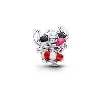 Disney Stitch Sterling Silver Charm with White and Red Murano Glass, Black and Pink Enamel
