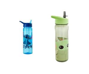 Disney Stitch Water Bottle Flip Up Straw 600ml - Official Merchandise by Polar Gear & Mandalorian Water Bottle with Straw - Reusable Kids 600ml PP in Grey & Green - Official Merchandise