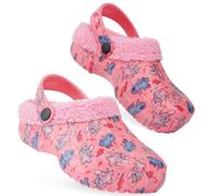 Disney Stitch Winter Clogs Fleece Lining & Removable Charms, Kids Garden Shoes Slip On with Strap (Pink Stitch/Angel, 8.5/9 UK)