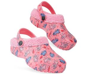 Disney Stitch Winter Clogs Fleece Lining & Removable Charms, Kids Garden Shoes Slip On with Strap (Pink Stitch/Angel, 11.5/12 UK)
