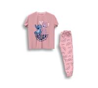 Disney Stitch Women’s Pyjamas - Official Ladies 100% Cotton PJs with Short Sleeve Top & Cuffed Leggings with Pockets - Soft Coral Pink Loungewear Sleepwear Set- Elastic Waist - Sizes XS-XL