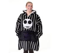 Disney The Nightmare Before Christmas Unisex Wearable Blanket Hoodie | Adults Striped Pullover in Black with Jack Skellington Character | Sherpa Lined Hooded Loungewear with Pockets for Men and Women