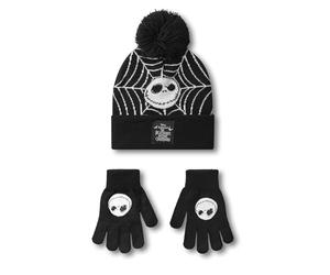 Disney The Nightmare Before Christmas Unisex Beanie Hat & Gloves Set | Black Knitted Winter Hat with Jack Skellington Spider Web for Boys & Girls | Kids One Size Warm Bobble Hat and Gloves Gift