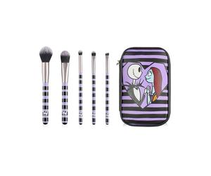 Disney The Nightmare Before Christmas Womens Makeup Brush Set | Ladies Striped Beauty Brushes with Zip Up Storage Case in Purple & Black | Mixed Face Brushes with Jack & Sally Characters Brush Case