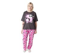 Disney The Nightmare Before Christmas Womens Pyjama Set | Adults Jack Skellington Graphic Short Sleeve Top & Long Leg PJ Bottoms in Black & Pink | Ladies Sally Character All Over Print Nightwear