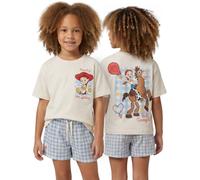 Disney Toy Story Jessie & Bullseye Girls Beige Blue T-Shirt | Checkered Shorts Set with Graphic Print | Crew Neck Short Sleeve Pullover Merch - 12-18 Months
