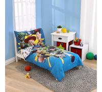 Disney Toy Story Taking Action Blue, Green and Yellow 4 Piece Toddler Bed Set - Comforter, Fitted Bottom Sheet, Flat Top Sheet, and Reversible Pillowcase