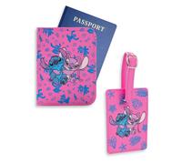 Disney Lilo & Stitch Stitch & Angel Pink Passport Holder & Luggage Tag Set | Travel Document Organiser with Leaf Pattern | Retro Cartoon Style Merch