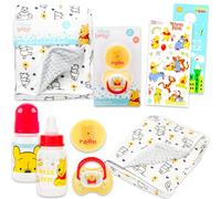 Disney Winnie The Pooh Baby Gift Set - 6 Pc Newborn Essentials Bundle with Blanket, Rattle, Bottle, Teether, Scrapbook Stickers, More | Baby Shower Gifts for Girls, Boys