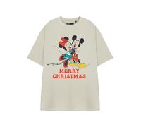 Disney Women's Beige Short Sleeved T-Shirt | All Tied Up Mickey Mouse & Minnie Mouse Graphic Tee | Christmas Holiday Crew Neck Top | Cartoon Theme Apparel for Women