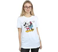 Disney Women's Mickey Mouse Mickey and Minnie Kiss Boyfriend Fit T-Shirt Medium White