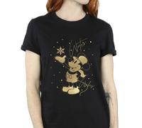 Disney Women's Winter Wishes Mickey Mouse Cotton Boyfriend T-Shirt in Black | Size: 3XL Disney Black 3XL