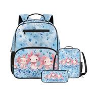 DISNIMO Axolotl Backpack Set 3-in-1 Mini Schoolbag with Cooler Lunch Box and Pencil Pouch for Girls 3-6 Years Old Nursery School Back to School