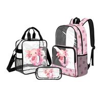 DISNIMO Axolotl Strawberry Clear Backpack for Girls 8-12, 17 Inch Backpacks with Lunch Box 3 in 1 Set Water-Resistant Heavy Duty Bookbag for Middle School 6th-8th Graders Gym