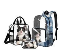 DISNIMO Black Cat Floral Clear Backpack for Girls 8-12, 17 Inch Transparent Backpack with Lunch Box Pencil Case Heavy Duty PVC Bookbag for Middle School 6th-8th Graders Stadium Travel