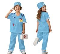 DISNIMO Blue Doctor Costume for Kids 9-10 Years Stethoscope Complete Medical Role Play Outfit Set Scrubs Top Pants Hat for Toddler Halloween Party Career Day Fun